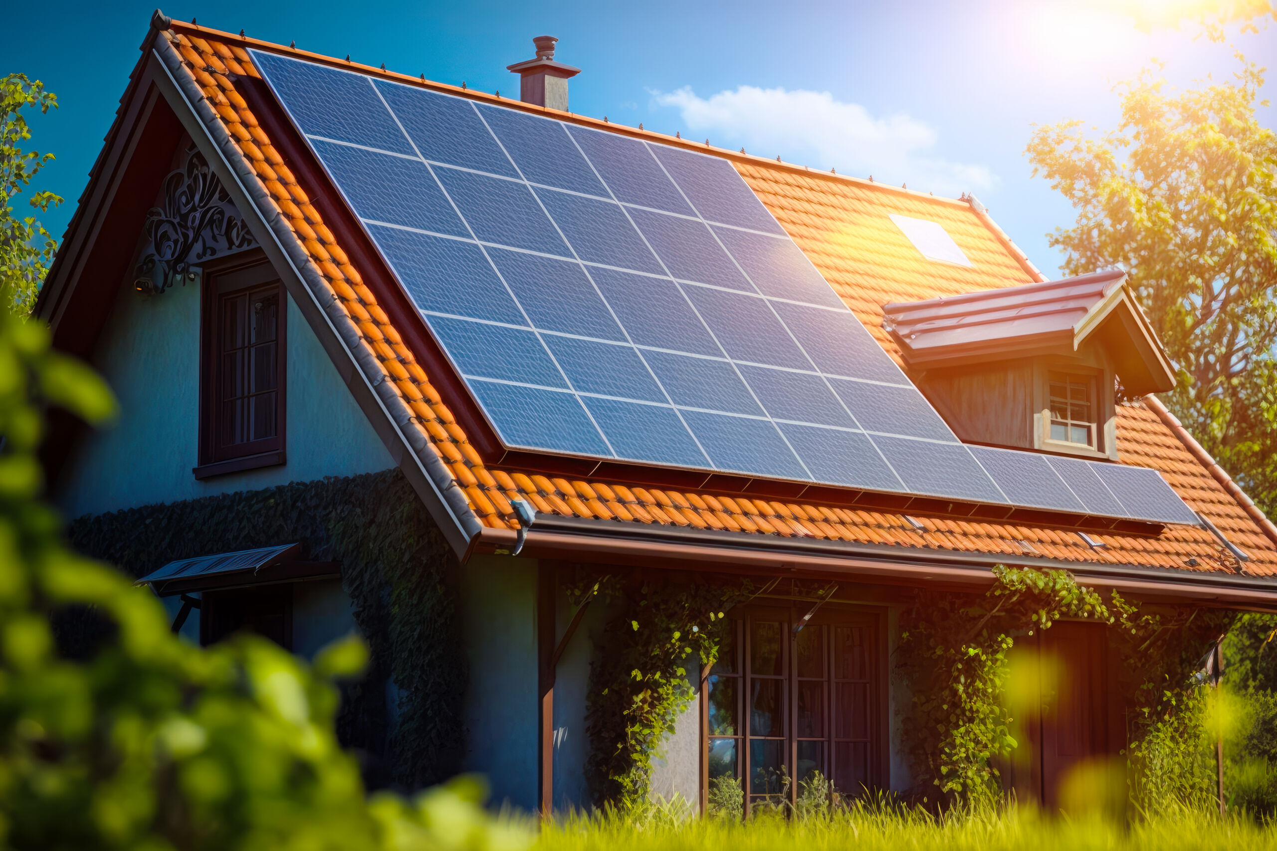 House with solar panels on the roof. Generative AI - house with solar panels roof generative ai scaled